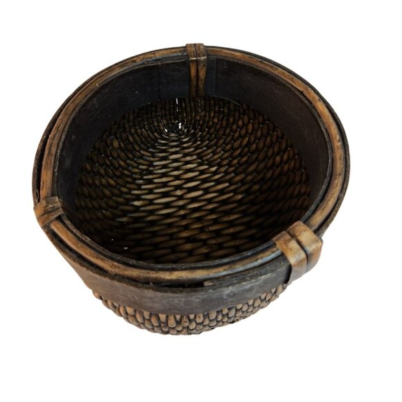 Vintage Hand-Woven Wicker & Wood Small Round Basket Decor Storage Organizer - Picture 10 of 10